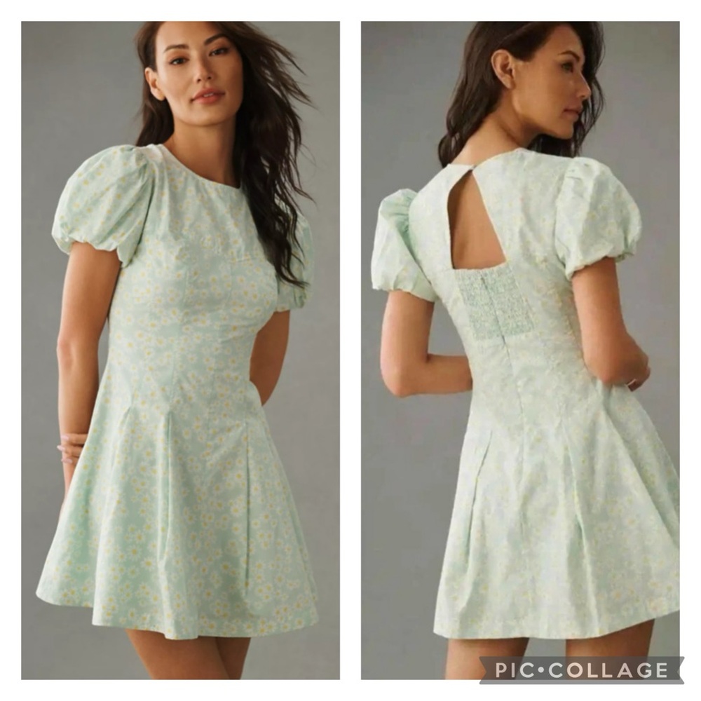 Maeve by Anthropologie Puff-Sleeve Pleated Dress in Mint NWT size medium